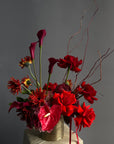 Vase Arrangement “Burning Love” — roses, hydrangea, anthurium, calla lily, gerberas, decorative pomegranate