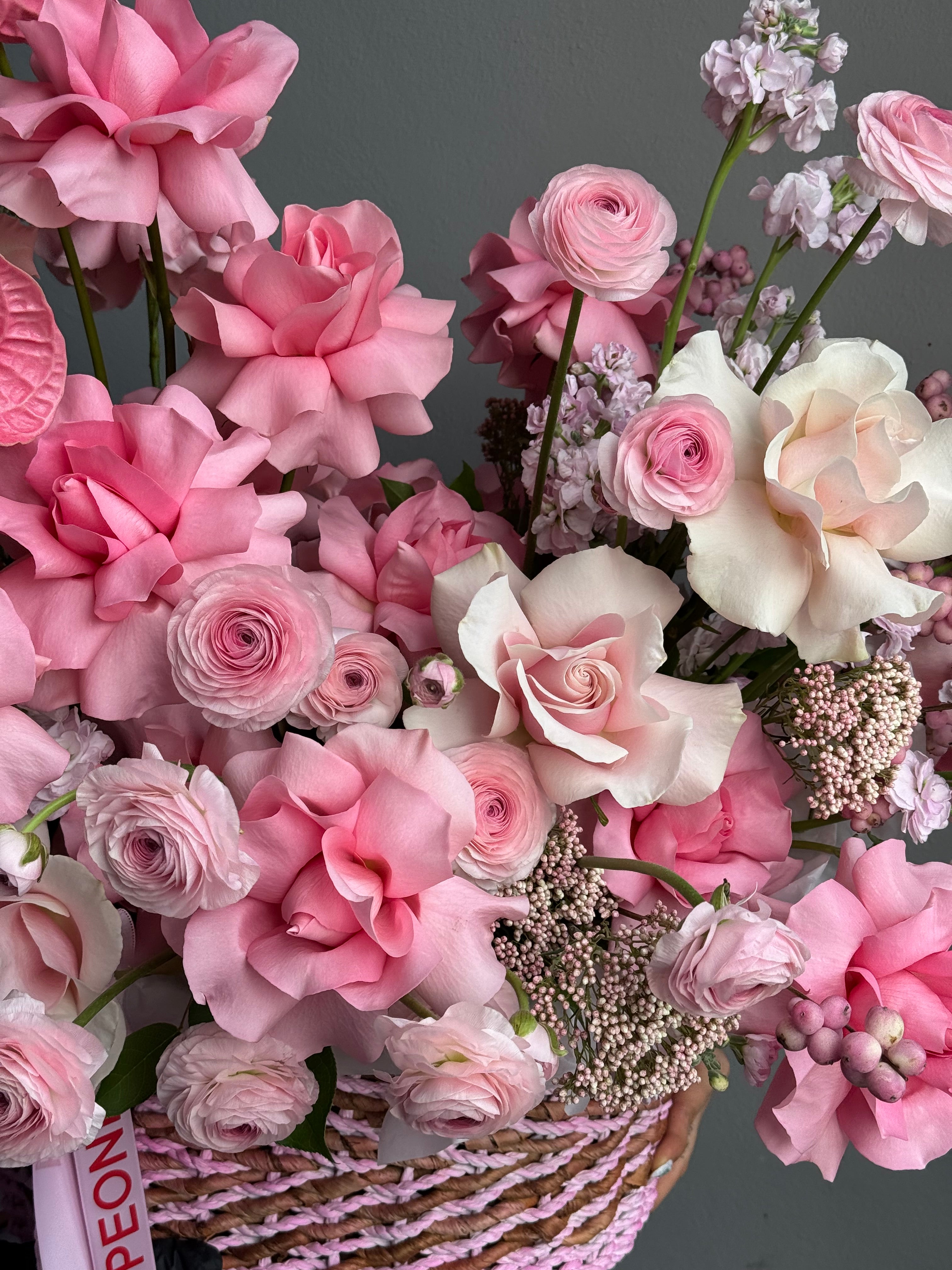 Flower Basket “Powder Shock” — anthurium, roses, ranunculus