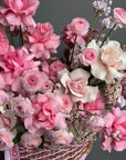 Flower Basket “Powder Shock” — anthurium, roses, ranunculus, gladioli