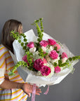 Bouquet “Jungle Flamingo” - peony roses, ranunculus, bells of Ireland, dianthus
