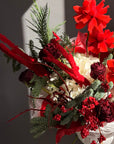 Bouquet “Winter Magic” — roses, evergreen branches, hydrangea, rowan berries