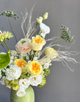 Vase Arrangement “Soft Jungle” — roses, veggie roses, lisianthus, anthurium