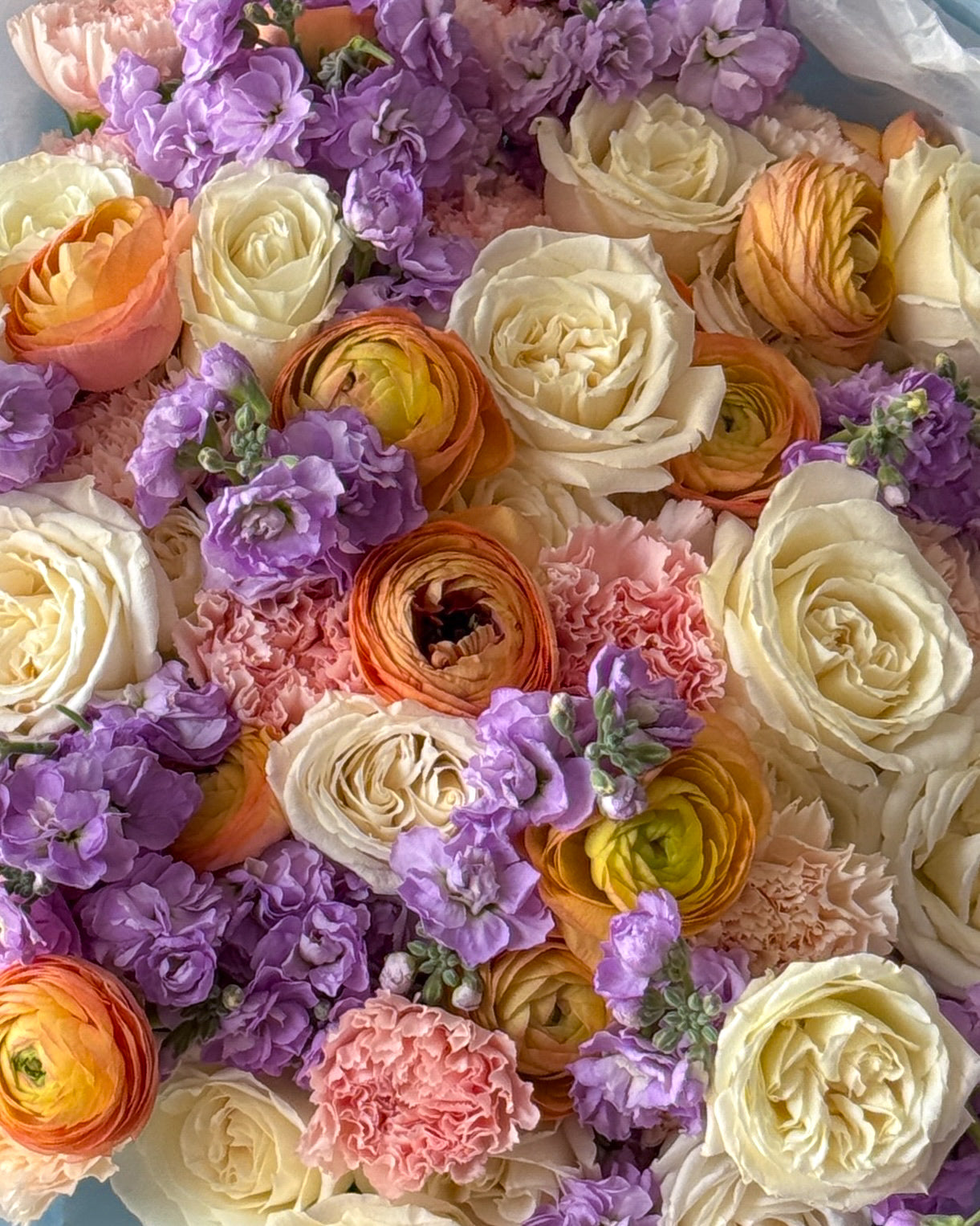 Bouquet "Pastel Punch" - Ranunculuses, garden roses, stock