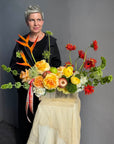 Vase Arrangement “No Beige” — gerberas, roses, green dianthus, hydrangea, viburnum, molucella, decorative apple