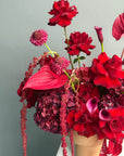 Flower Arrangement in a pot “Terracotta Flame” — anthurium, amaranth, calla lilies, roses