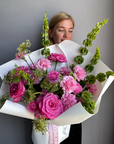 Bouquet “Jungle Flamingo” - peony roses, ranunculus, bells of Ireland, dianthus
