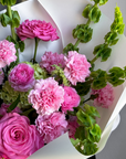 Bouquet “Jungle Flamingo” - peony roses, ranunculus, bells of Ireland, dianthus