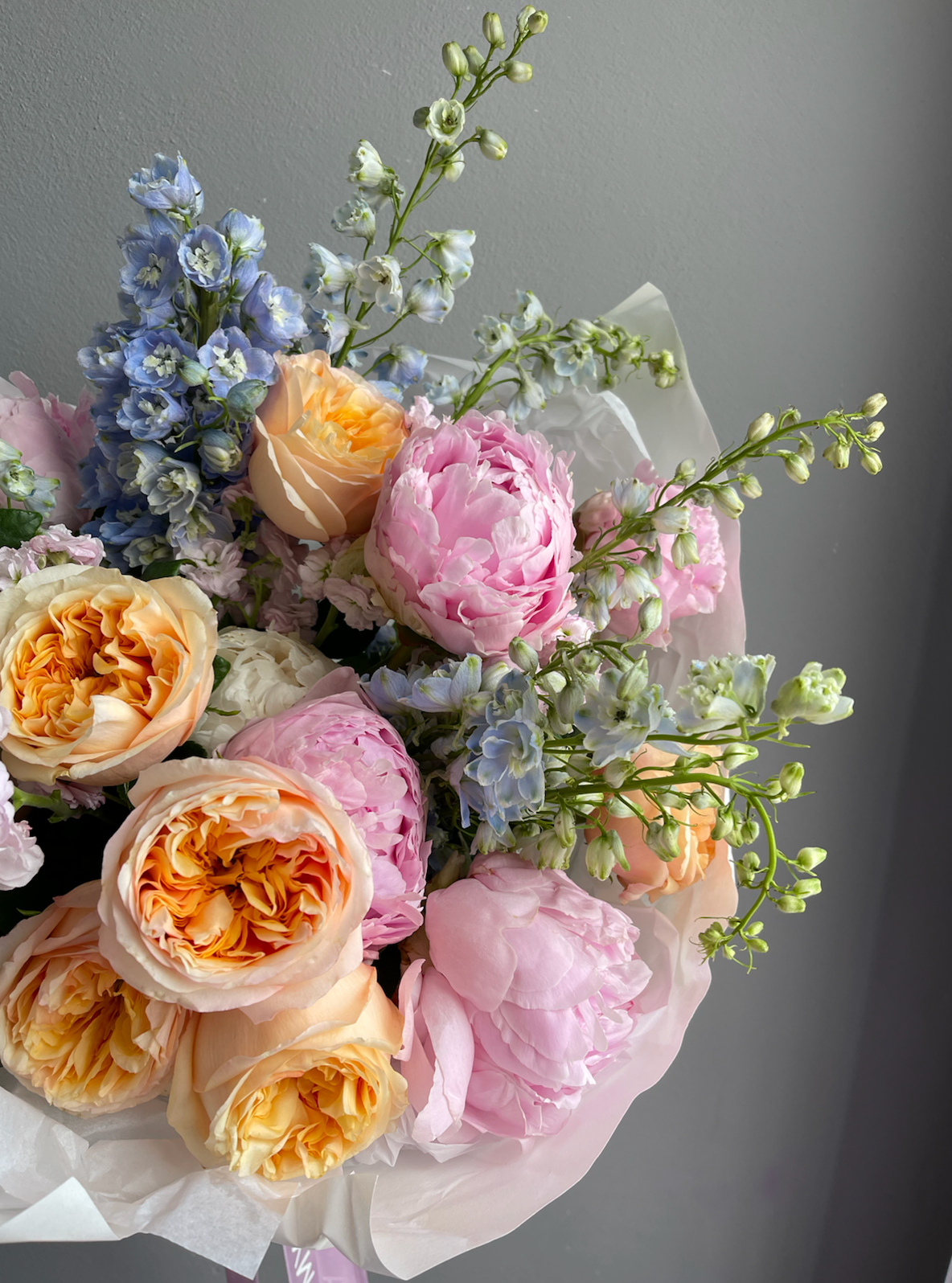 Trio bouquet “Warm June” - peonies, delphinium, peony roses