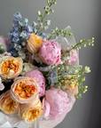 Trio bouquet “Warm June” - peonies, delphinium, peony roses
