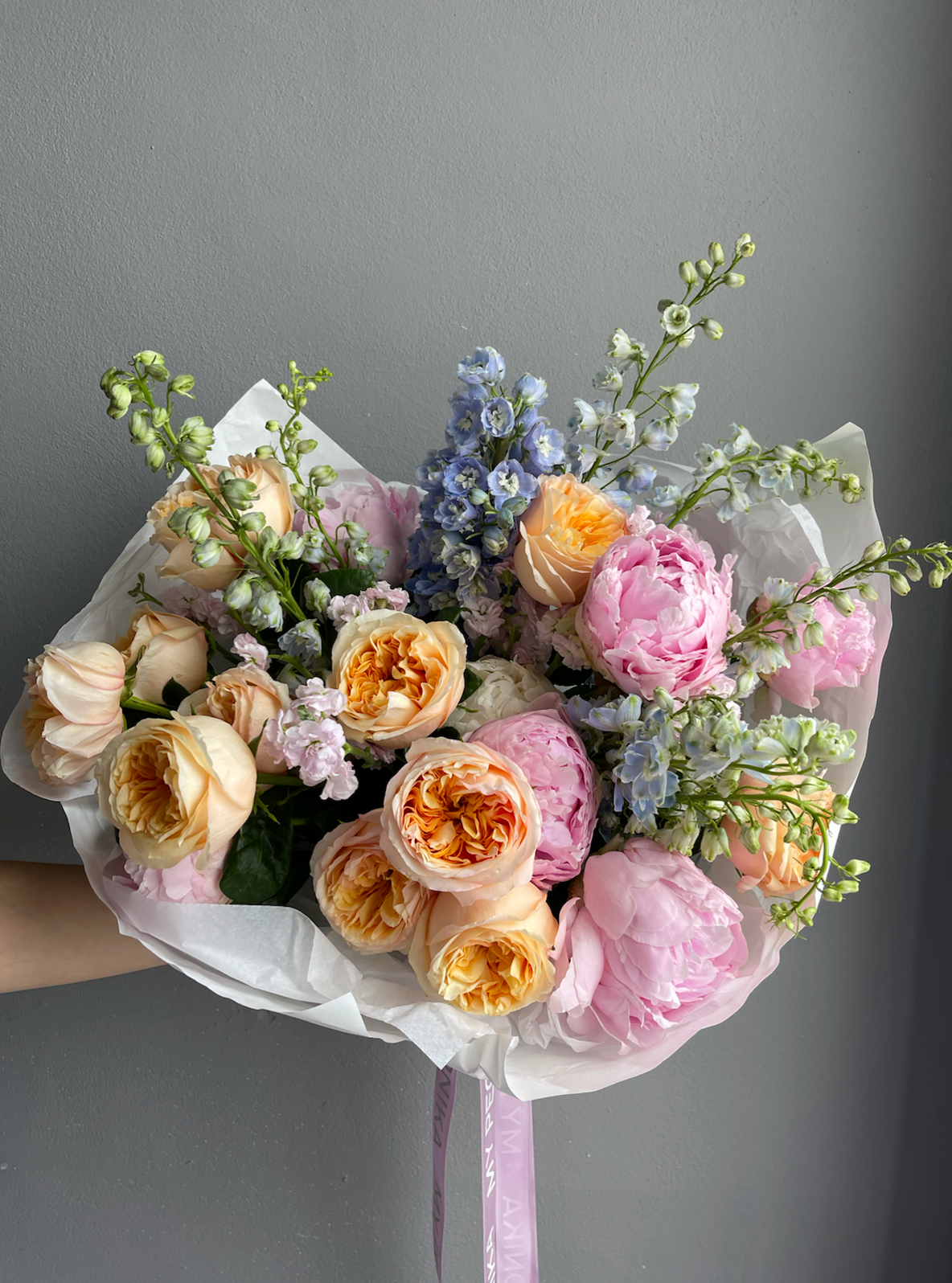 Trio bouquet “Warm June” - peonies, delphinium, peony roses