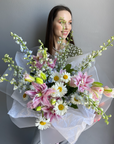 Bouquet "Lucretia" - lilies, daisies, delphiniums