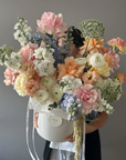 Flower box "Lady Whistledown" - roses, delphiniums, ranunculuses