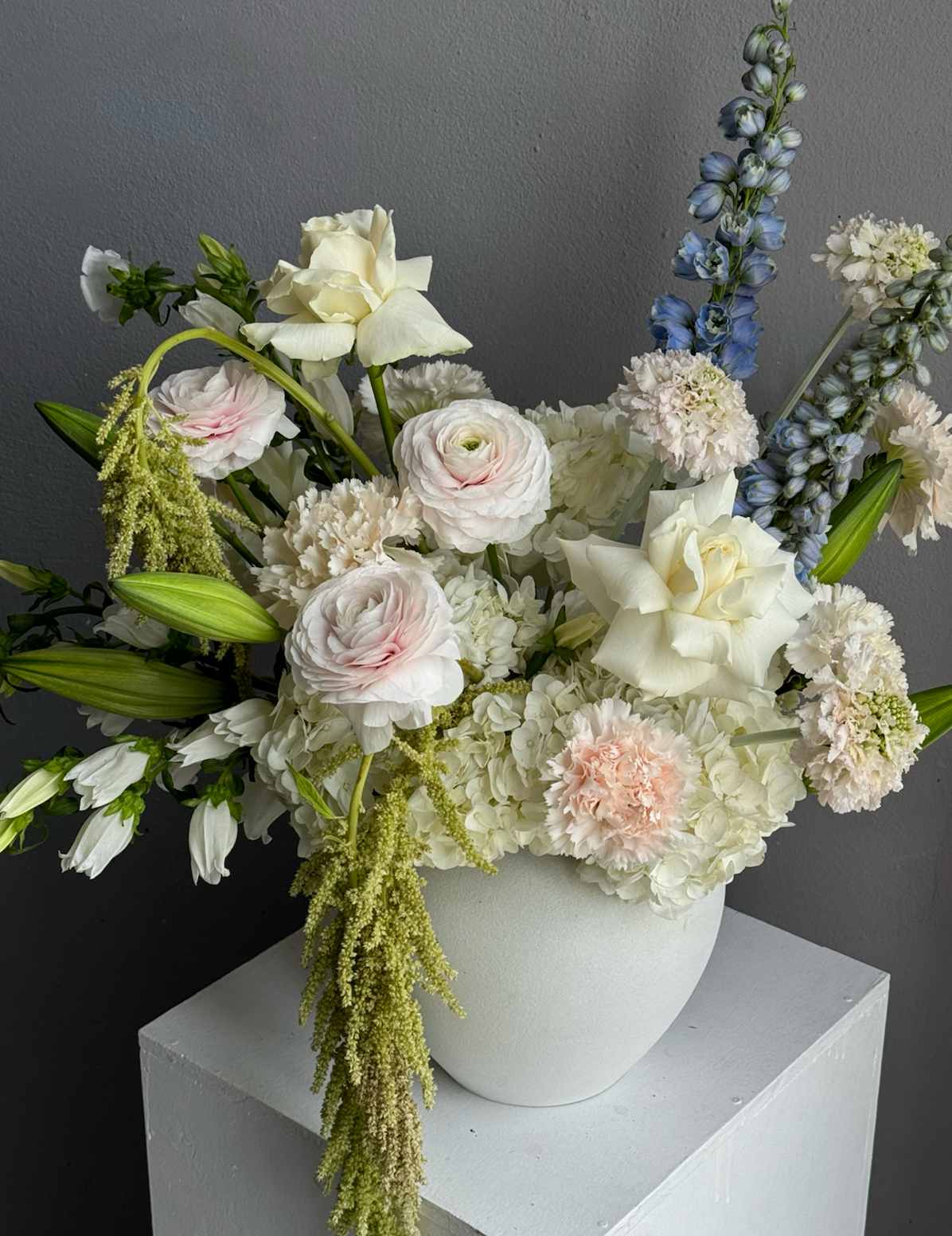 Interior Arrangement “Bouquet romantique” - ranunculuses, delphiniums, lilies (ONLY MIAMI)