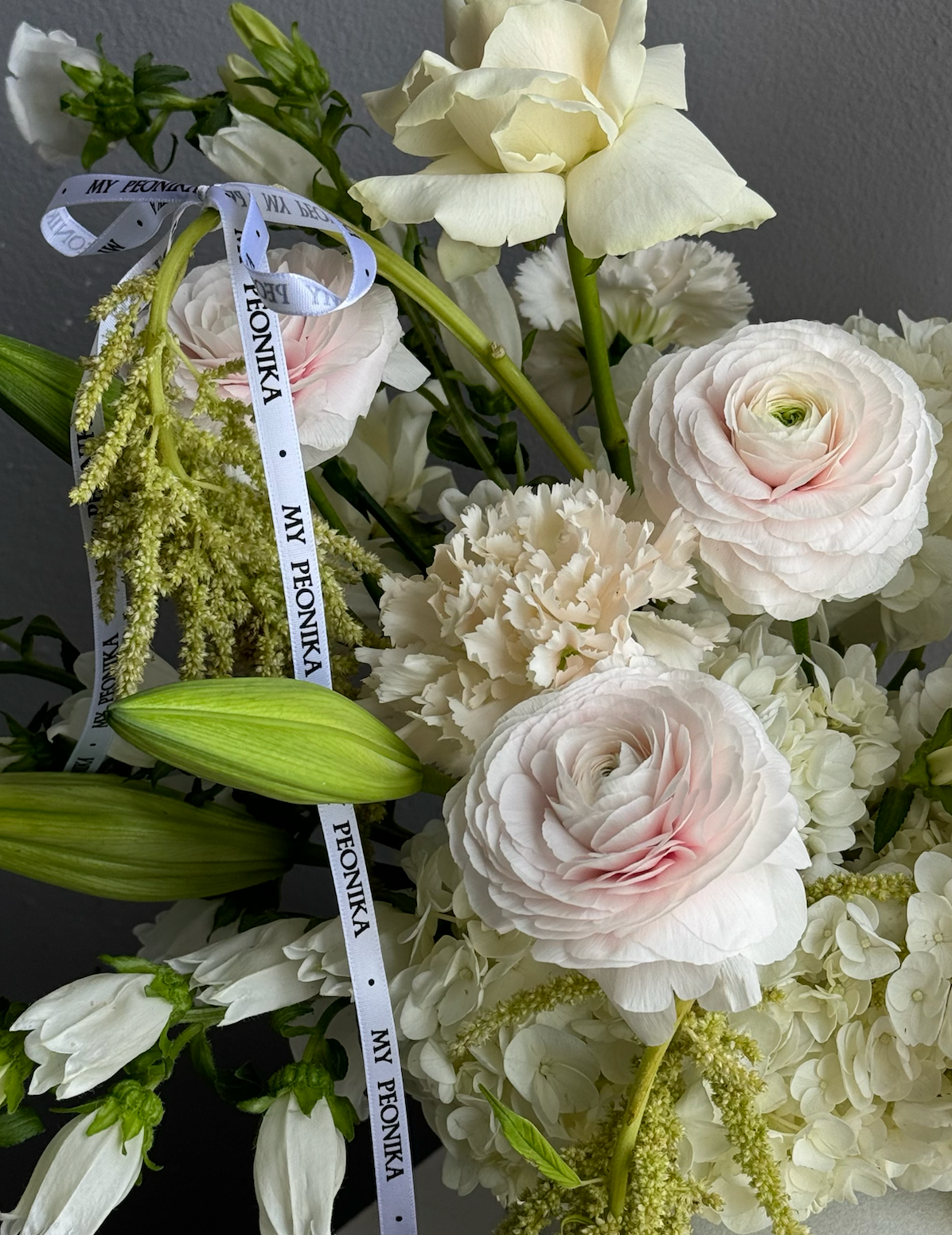 Interior Arrangement “Bouquet romantique” - ranunculuses, delphiniums, lilies (ONLY MIAMI)