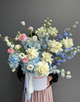Flower Box “Unsent Message” — roses, delphinium, ranunculus