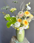 Vase Arrangement “Soft Jungle” — roses, veggie roses, lisianthus, anthurium