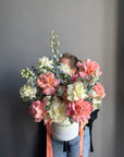 Flower Box "Pastel Serenity" - roses, delphiniums, hydrangeas, stock