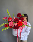 Flower Box “Too Good in Red” — anthurium, roses, viburnum