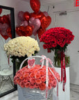 Luxury Flower & Balloon Set “With All My Love” — Pink Expression roses, white roses, red roses, heart balloons