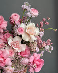 Flower Basket “Powder Shock” — anthurium, roses, ranunculus, gladioli