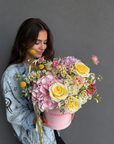 Flower Box “Sunny Side” — garden roses, hydrangea, daisies