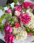 Bouquet “Jungle Flamingo” - peony roses, ranunculus, bells of Ireland, dianthus