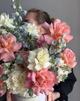 Flower Box "Pastel Serenity" - roses, delphiniums, hydrangeas, stock