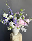 Vase Arrangement “Summer Poetry” — delphinium, peonies, roses, viburnum, lisianthus