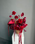 Flower Arrangement in a pot “Terracotta Flame” — anthurium, amaranth, calla lilies, roses
