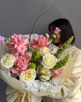 Bouquet “Into the Garden” — roses, campanula, molucella