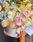 Flower Box “Fresh Start” — ranunculus, hydrangea, delphinium, lisianthus & seasonal blooms
