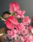Flower Basket “Powder Shock” — anthurium, roses, ranunculus, gladioli