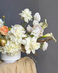 Vase Arrangement “September Silk” — hydrangea, rose, ranunculus, calla lily, anthurium, decorative apple