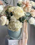 Interior Arrangement “Mint to Be” — hydrangeas, roses, peonies, eucalyptus, carnations