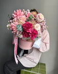 Flower Box “Tender Habit” — stock, roses, eucalyptus