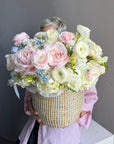 Flower Basket “Lucky Girl” — ranunculus, roses, hydrangeas