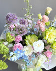 Bouquet “Color Me Happy” — veggie roses, allium, delphinium, campanula