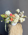 Vase Arrangement “September Silk” — hydrangea, rose, ranunculus, calla lily, anthurium, decorative apple