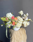 Vase Arrangement “September Silk” — hydrangea, rose, ranunculus, calla lily, anthurium, decorative apple