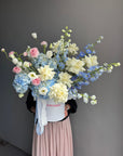 Flower Box “Unsent Message” — roses, delphinium, ranunculus