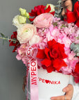 Flower Box “Tender Red” — ranunculuses, hydrangeas, roses
