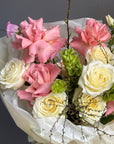 Bouquet “Into the Garden” — roses, campanula, molucella