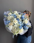 Bouquet “Below Zero” – hydrangeas, roses, delphiniums, carnation