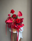 Flower Arrangement in a pot “Terracotta Flame” — anthurium, amaranth, calla lilies, roses