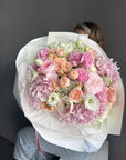 Bouquet “Pink Champagne” — ranunculus, hydrangea, garden roses, lisianthus