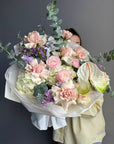 Bouquet “Lost Letters” — hydrangea, ranunculus, roses, eucalyptus
