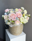 Flower Basket “Lucky Girl” — ranunculus, roses, hydrangeas