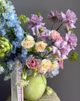 Interior Arrangement “Colorful Happiness” — roses, delphinium, hydrangeas, viburnum