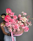 Flower Basket “Powder Shock” — anthurium, roses, ranunculus, gladioli