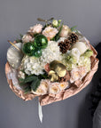 Bouquet “Merry Pine Delight” — roses, hydrangea, noble fir, pinecones